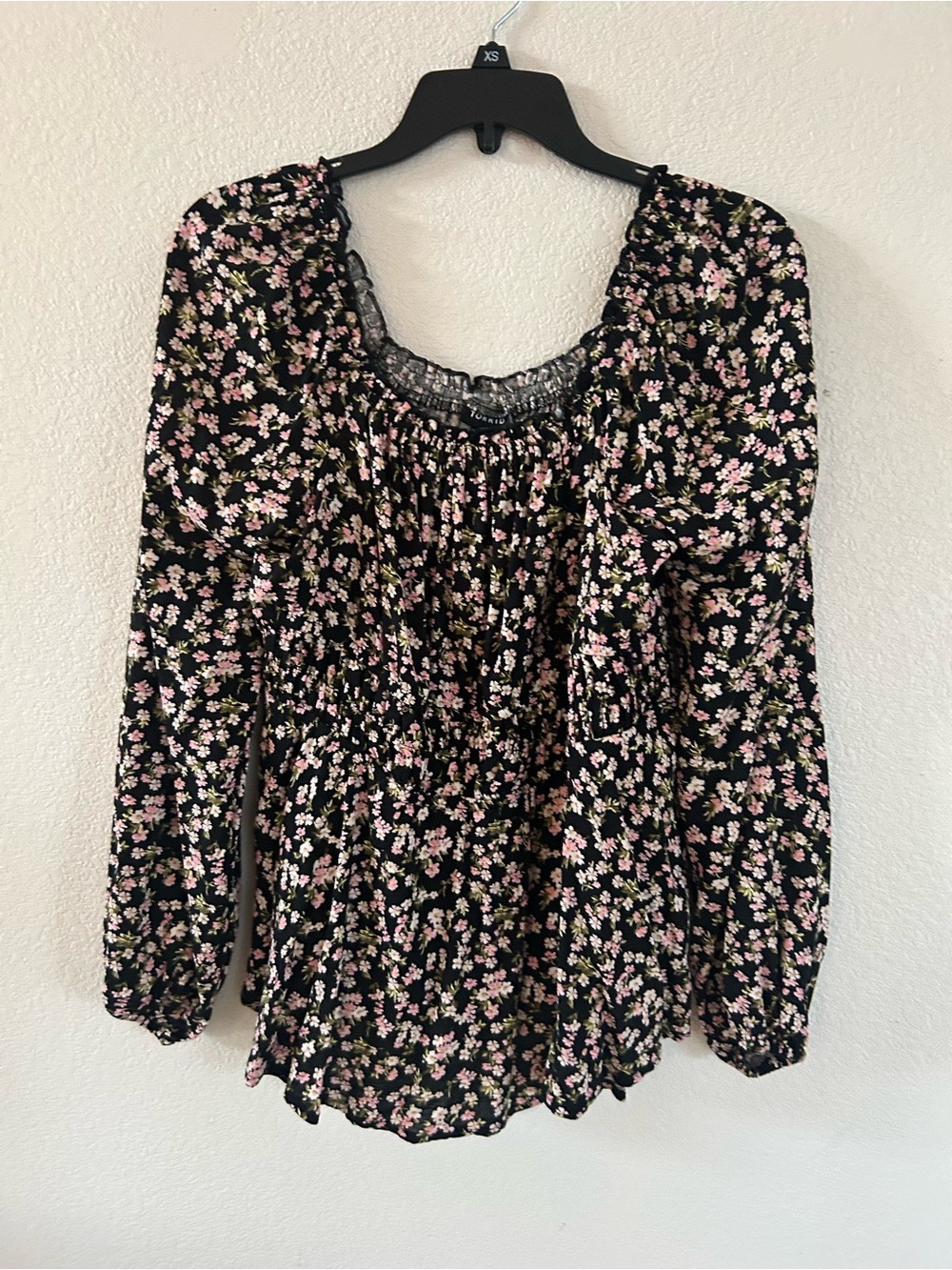torrid Black Floral Smocked Neck Blouse with Pink & Cream Flowers